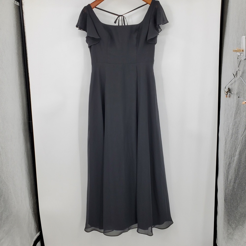 Azazie Bondi Black Flutter Sleeve Chiffon Bridesmaid Gown Square Neck Dress 12